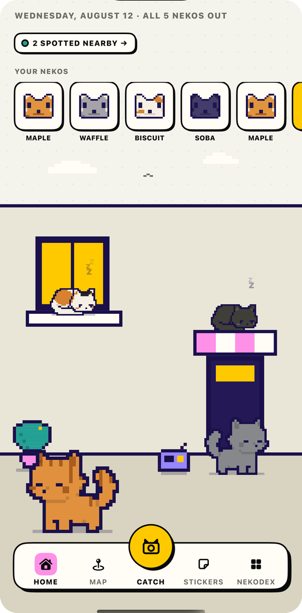 The Neko Alley home screen: a row of caught cats above a pixel alley where cats nap and wander.