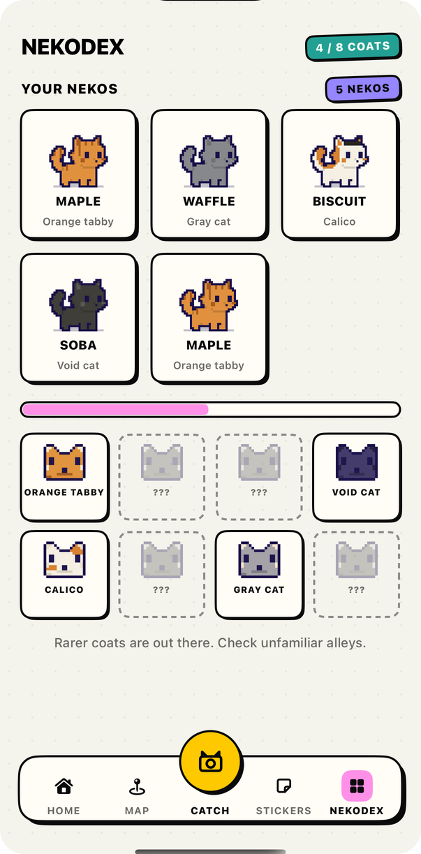 The Nekodex: a grid of caught cats and a set of coats, some still unknown.