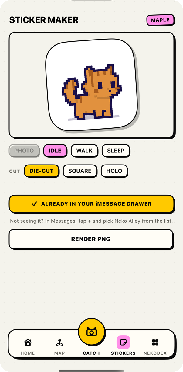 The sticker maker: a caught cat as a die-cut sticker with pose and cut options.